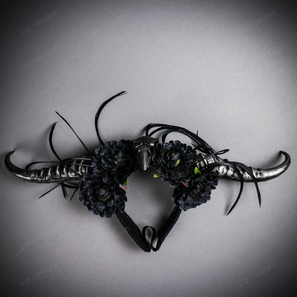 Gothic Demon Long Horn with Flower Head Piece - Black Silver